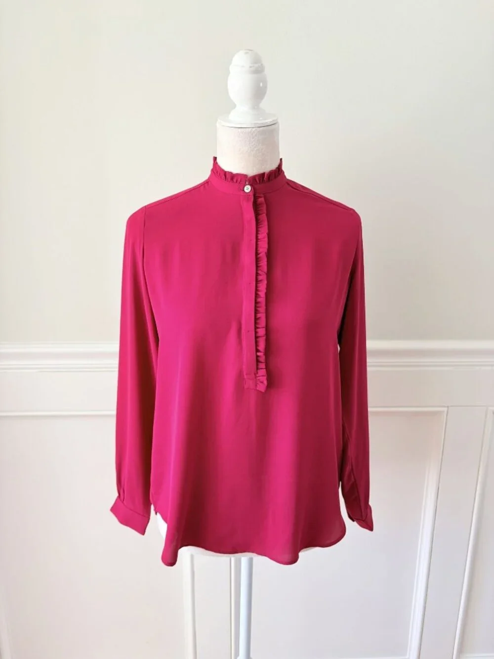 Loft XSP Red Ruffle Neck Long Sleeve Blouse EUC - Picture 1 of 6